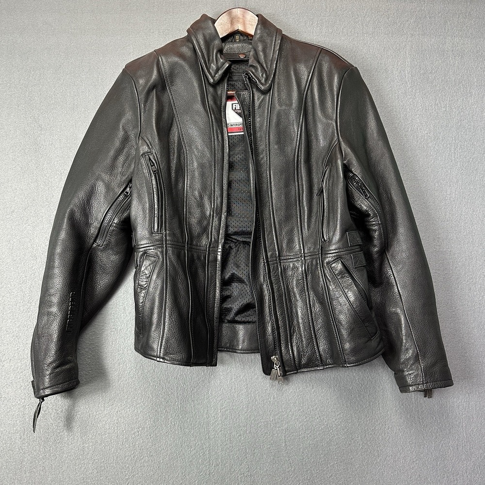 First Gear Womens Black Heavy Duty Vented Padded Leather Motorcycle Jacket Small